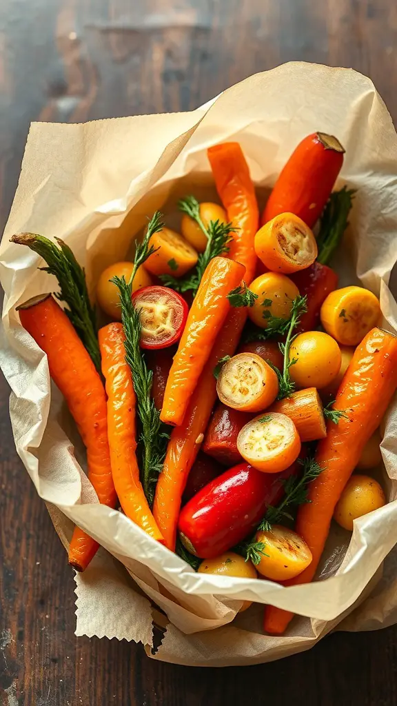 A basket of colorful vegetables including carrots and tomatoes, ready for cooking.