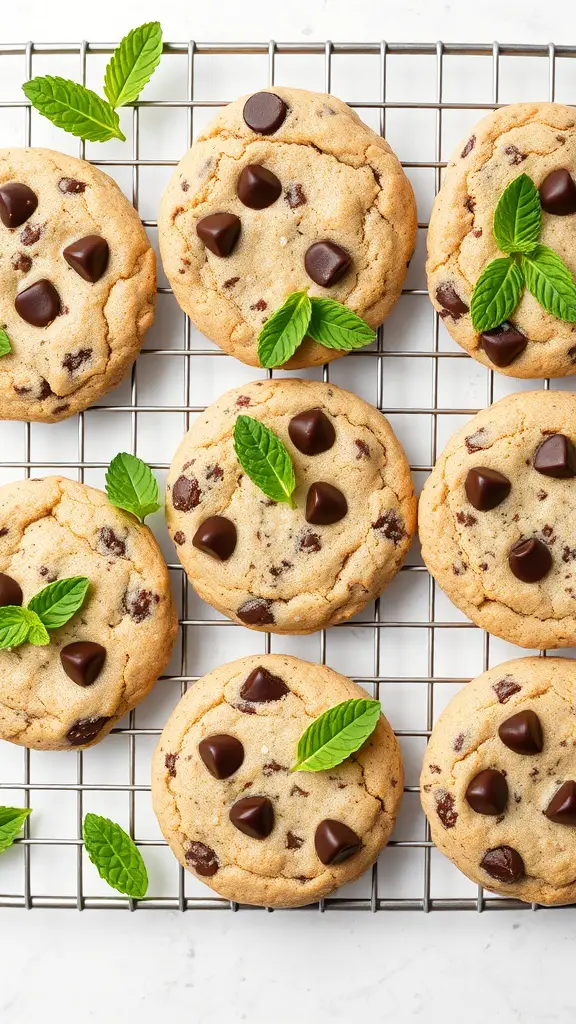 Mint Chocolate Chip No Bake Cookies on a cooling rack with fresh mint leaves