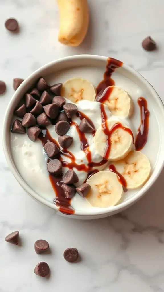 A delicious yogurt bowl topped with banana slices, chocolate chips, and chocolate syrup.