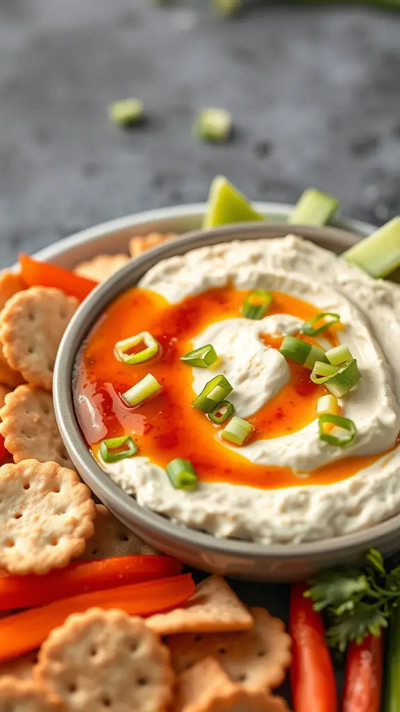 A bowl of Sweet Chili Cream Cheese Dip garnished with green onions, surrounded by crackers and carrot sticks.