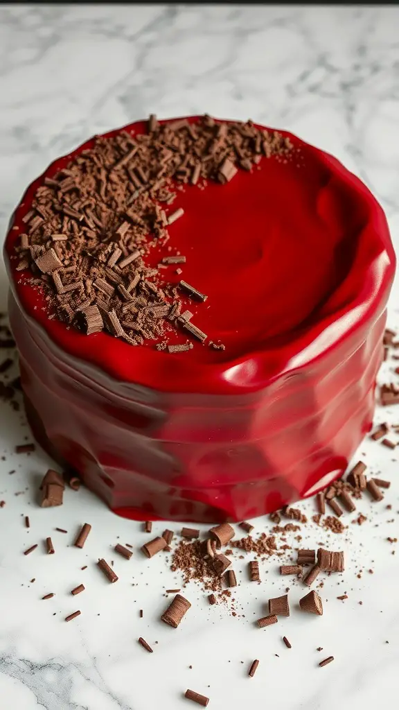 A beautifully decorated red chocolate ganache cake topped with chocolate shavings.