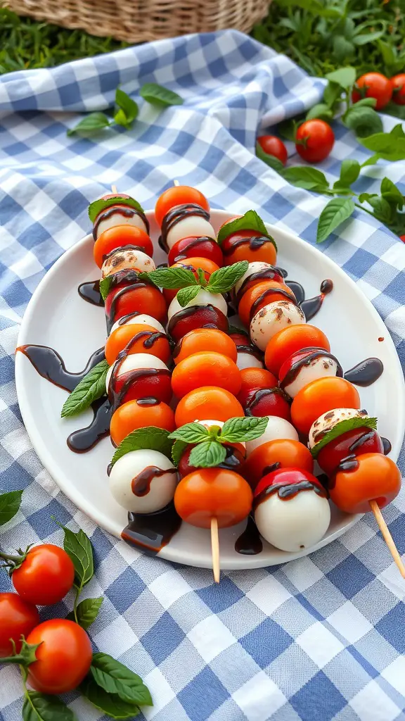 A plate of Caprese skewers with cherry tomatoes, mozzarella balls, and basil, drizzled with balsamic glaze, on a picnic blanket.