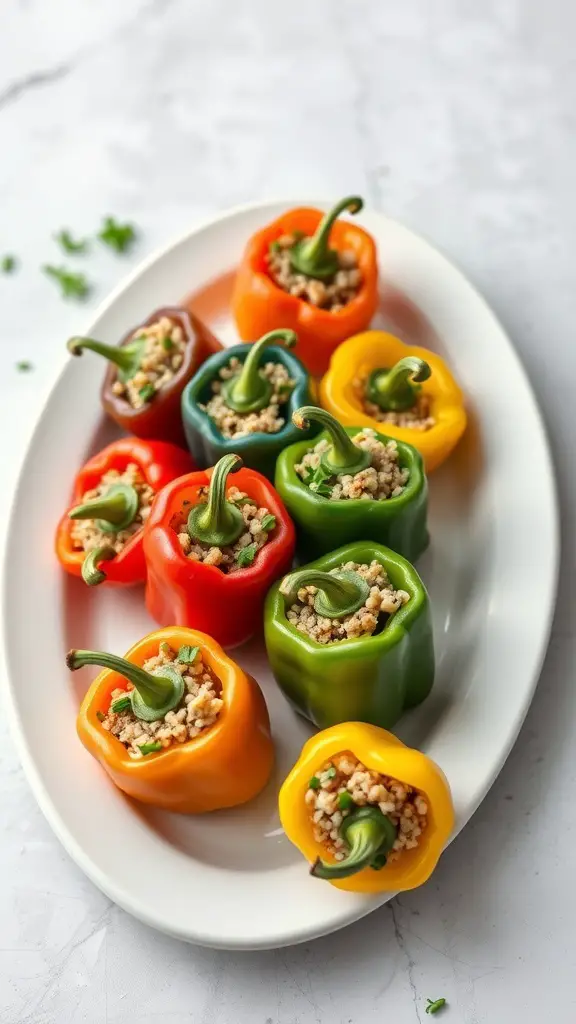 A platter of stuffed mini peppers filled with quinoa and vegetables.