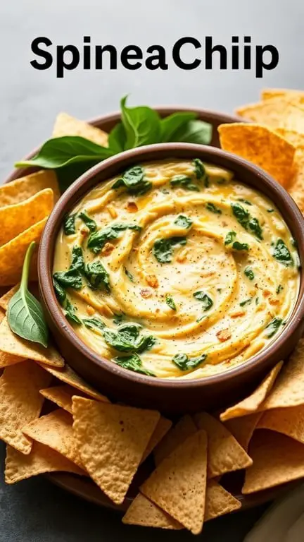 Bowl of spinach dip made with Boursin cheese, surrounded by tortilla chips