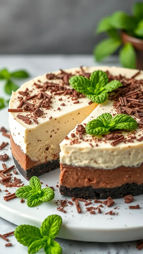 A slice of chocolate mint no bake cheesecake with chocolate shavings and mint leaves on top