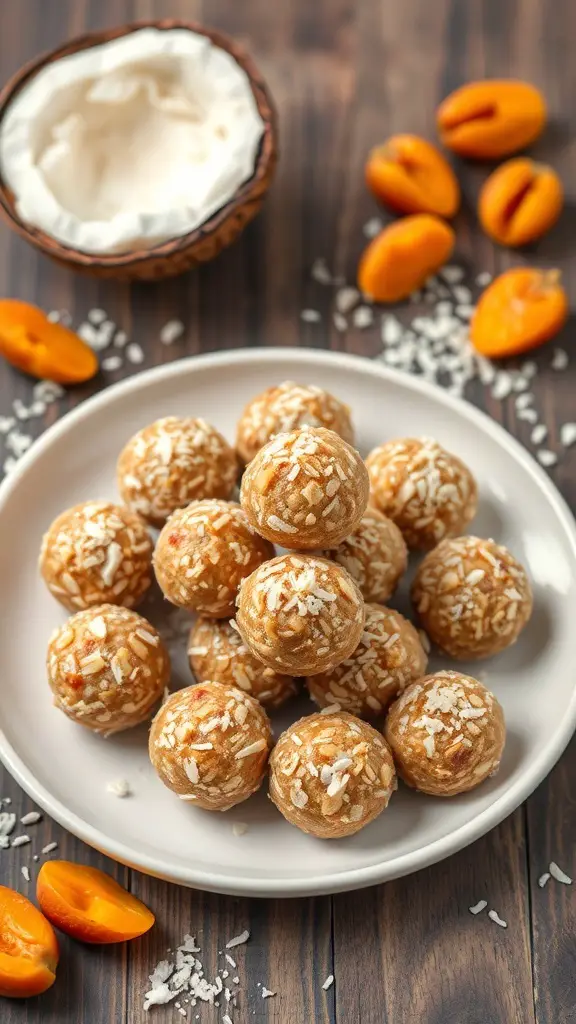 A plate of apricot coconut energy bites with fresh apricots and coconut flakes