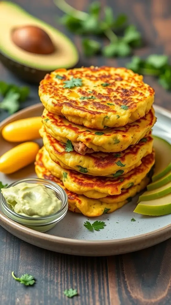 A stack of corn and zucchini fritters served with avocado dip and garnished with cilantro.