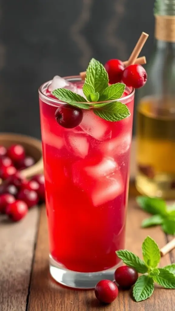 A refreshing Cranberry Ginger Fizz drink garnished with mint and cranberries.