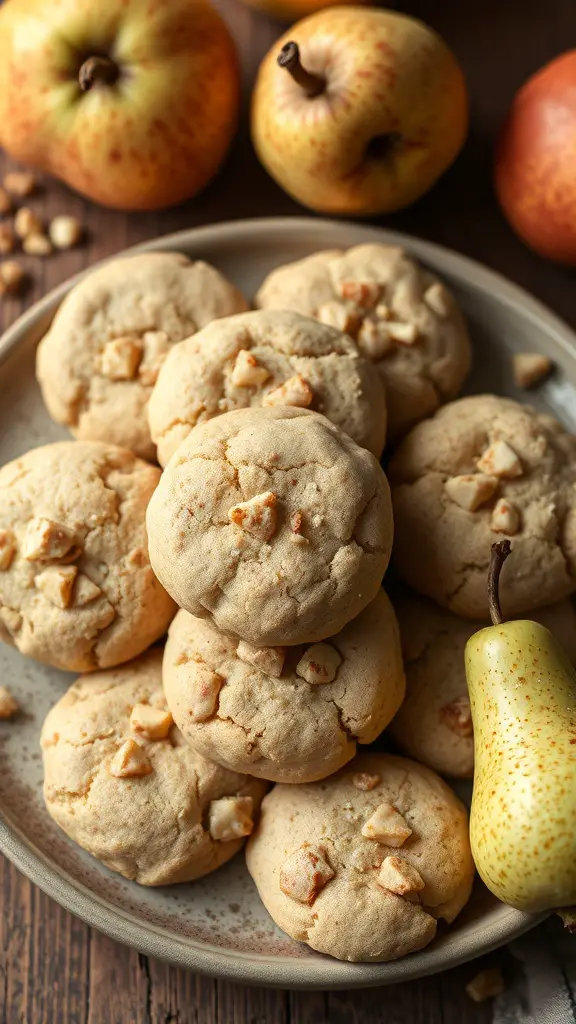 A plate of spiced pear cookies surrounded by fresh pears and apples.
