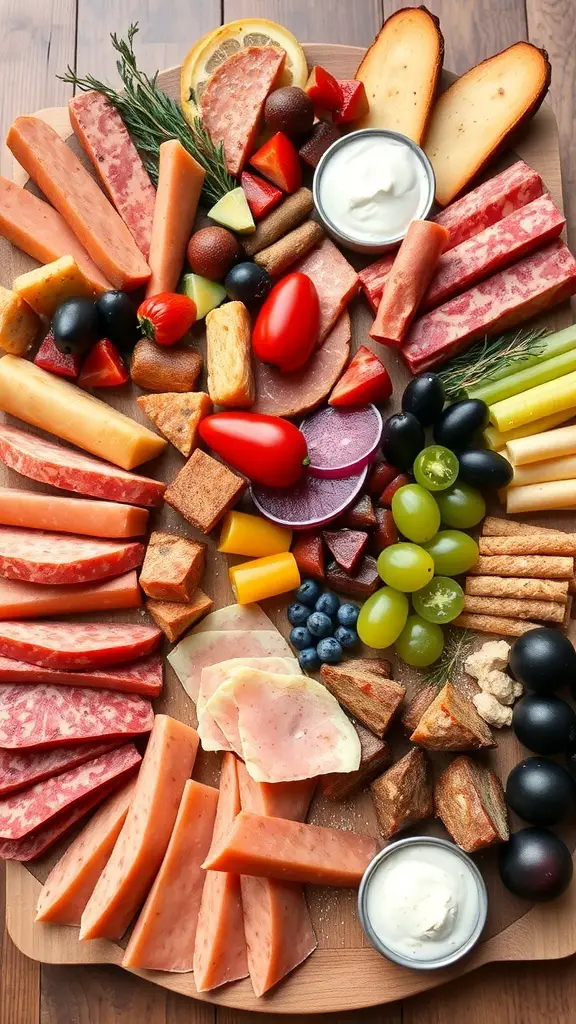 A beautifully arranged Christmas charcuterie board with various meats, cheeses, fruits, and vegetables.
