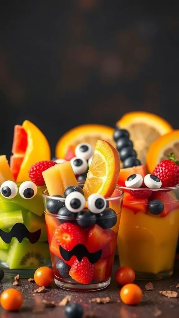 Colorful monster fruit cups filled with various fruits and decorated with googly eyes.