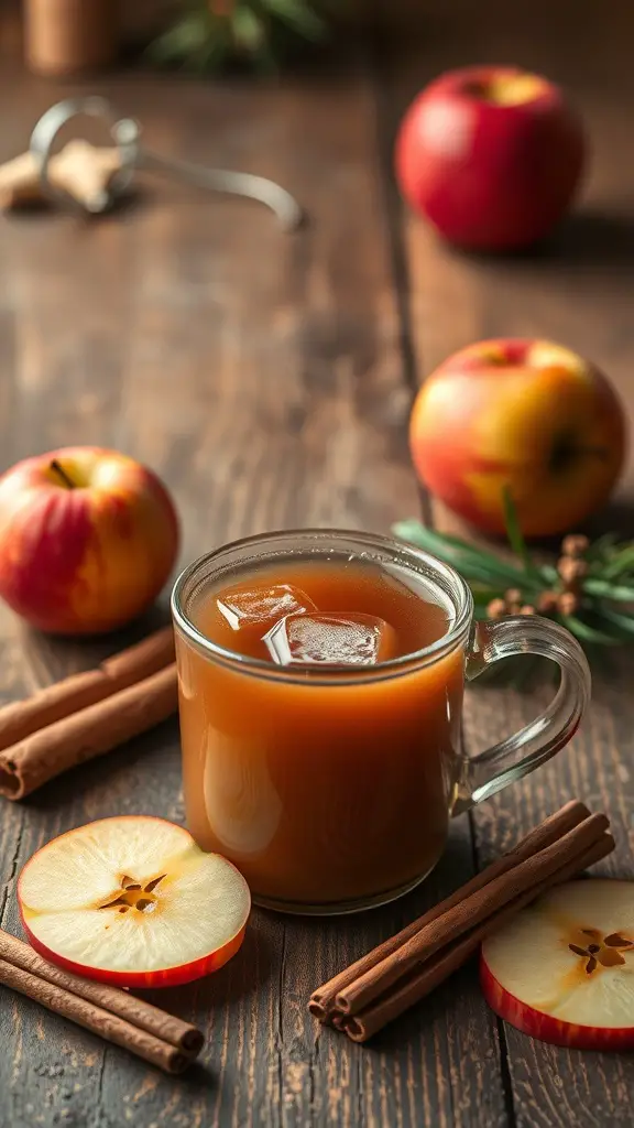 A cozy mug of spiced apple cider surrounded by fresh apples and cinnamon sticks on a wooden table.