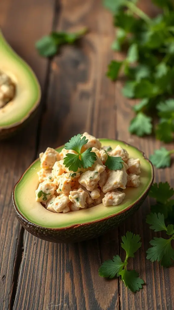 A halved avocado filled with tuna salad, garnished with cilantro on a wooden table.