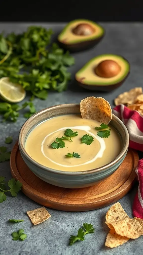 A bowl of creamy avocado and lime soup garnished with cilantro and served with tortilla chips.