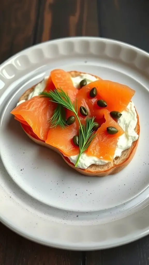 A smoked salmon and cream cheese bagel topped with dill and capers on a plate.