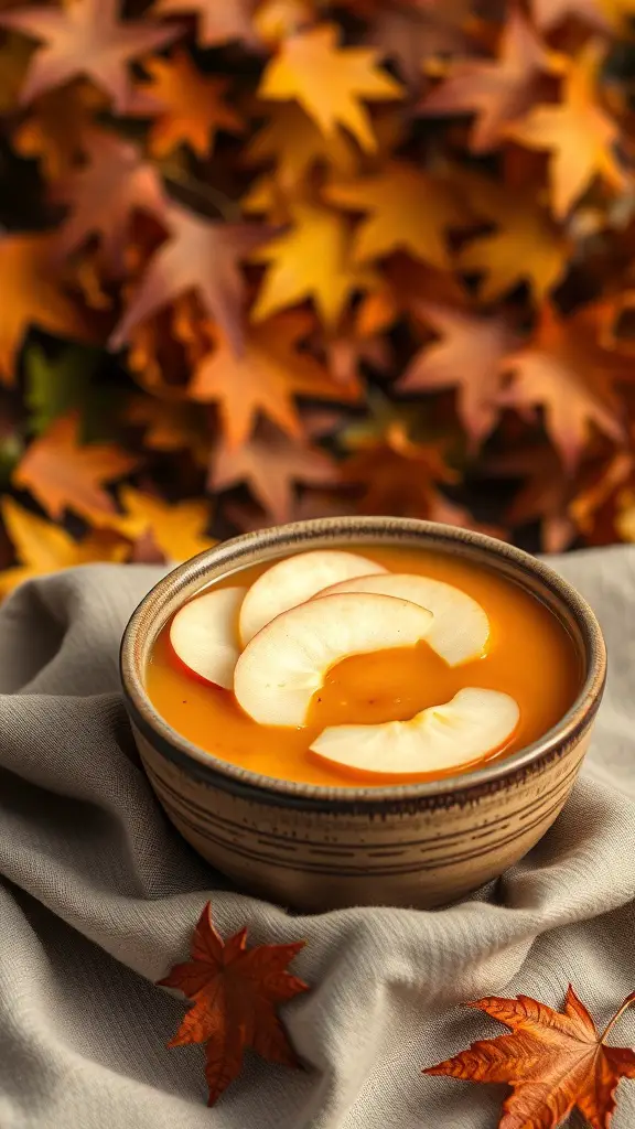 A bowl of butternut squash and apple soup topped with apple slices, surrounded by autumn leaves.
