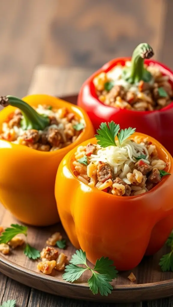 Three stuffed bell peppers filled with Italian sausage, rice, and topped with cheese.