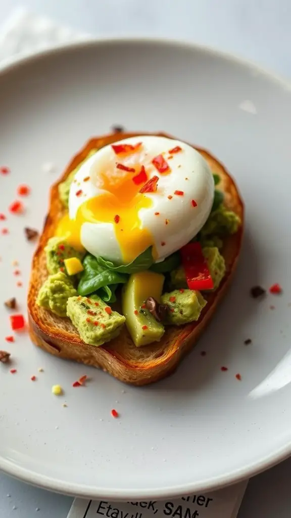 Avocado toast topped with a poached egg and colorful vegetables