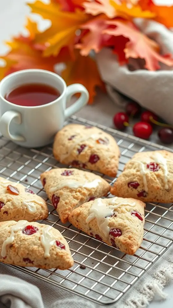 Cranberry orange scones on a cooling rack with a cup of tea and autumn leaves in the background