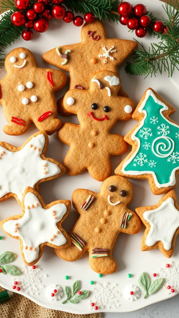 A plate of decorated gingerbread cookies including gingerbread men, stars, and a Christmas tree, surrounded by festive greenery and red berries.