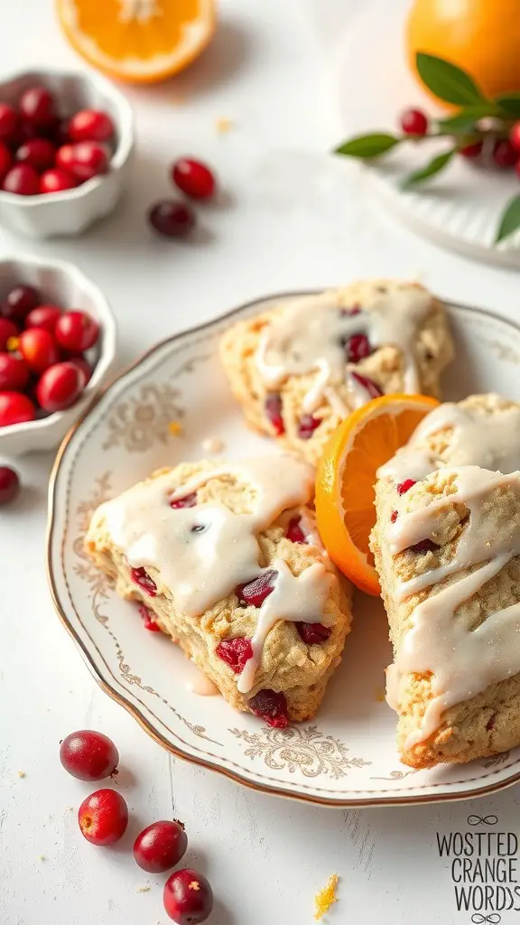 Plate of cranberry orange scones with fresh cranberries and orange slices