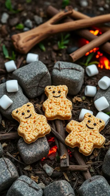 Campfire Rice Krispie Treats shaped like bears, surrounded by stones and marshmallows.