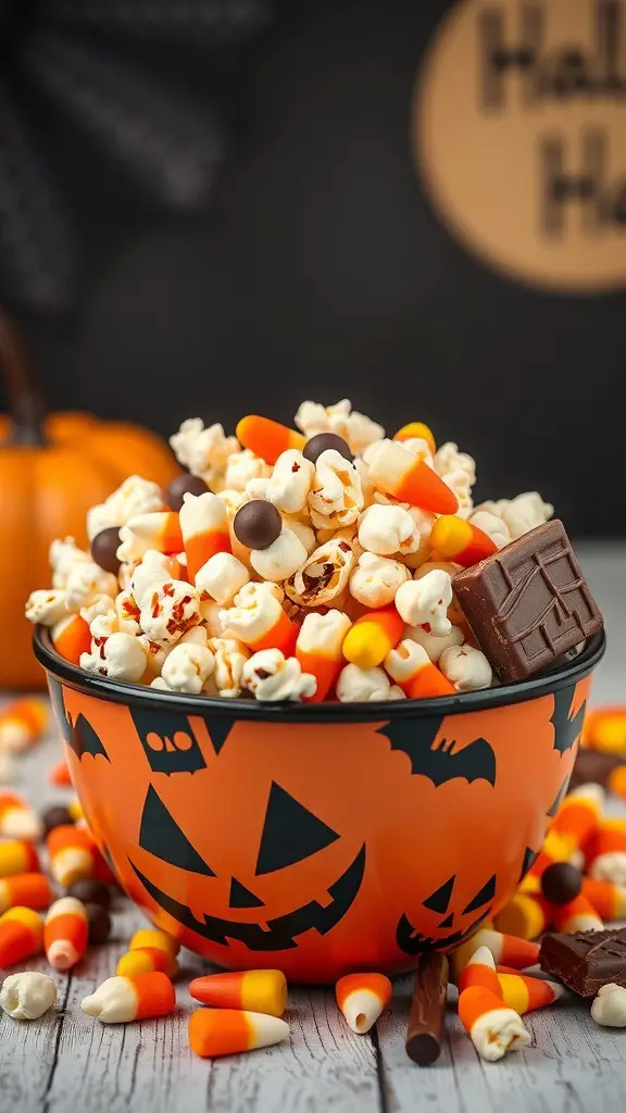 A bowl of Halloween popcorn mix with candy corn and chocolate pieces, surrounded by Halloween-themed decorations.