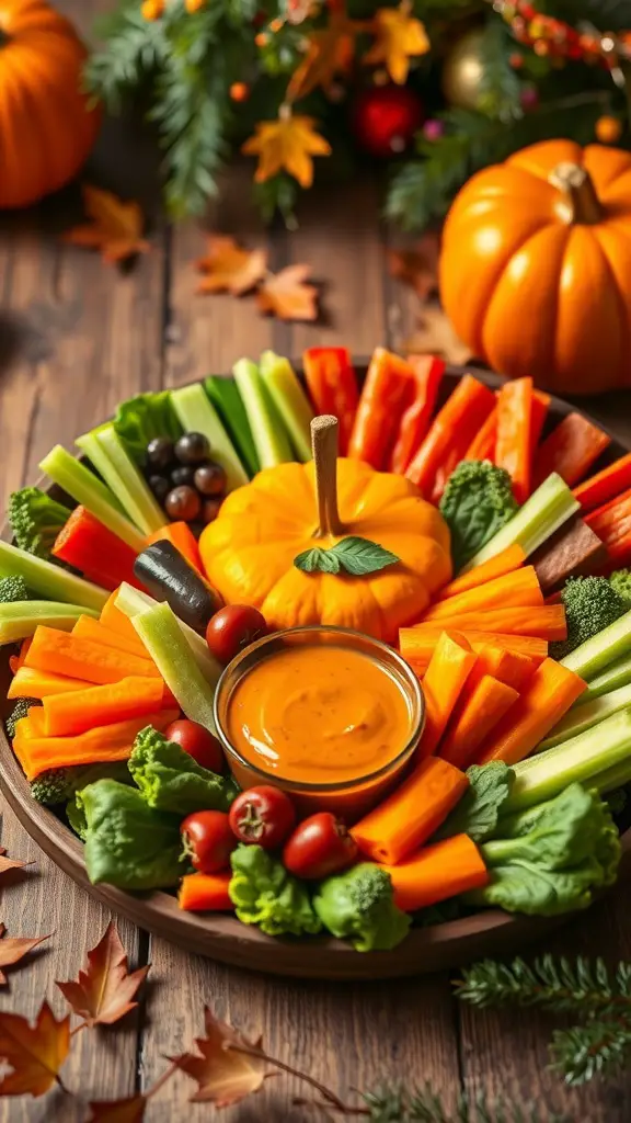 A colorful veggie tray shaped like a pumpkin patch, featuring orange bell pepper pumpkins and a variety of fresh vegetables.