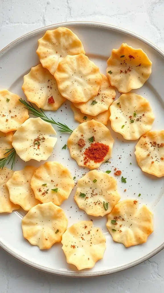A plate of golden cheese crisps sprinkled with spices and herbs.