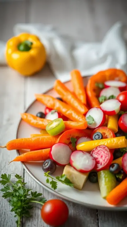 A colorful harvest vegetable platter featuring carrots, bell peppers, radishes, and olives on a plate.