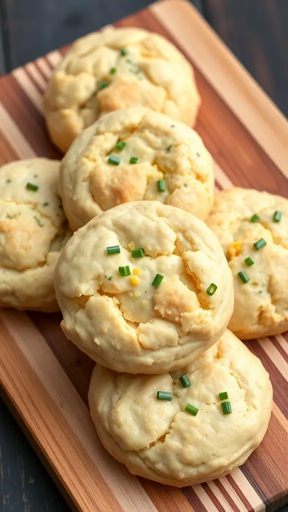 Savory Cheddar and Chive Biscuits stacked on a wooden board