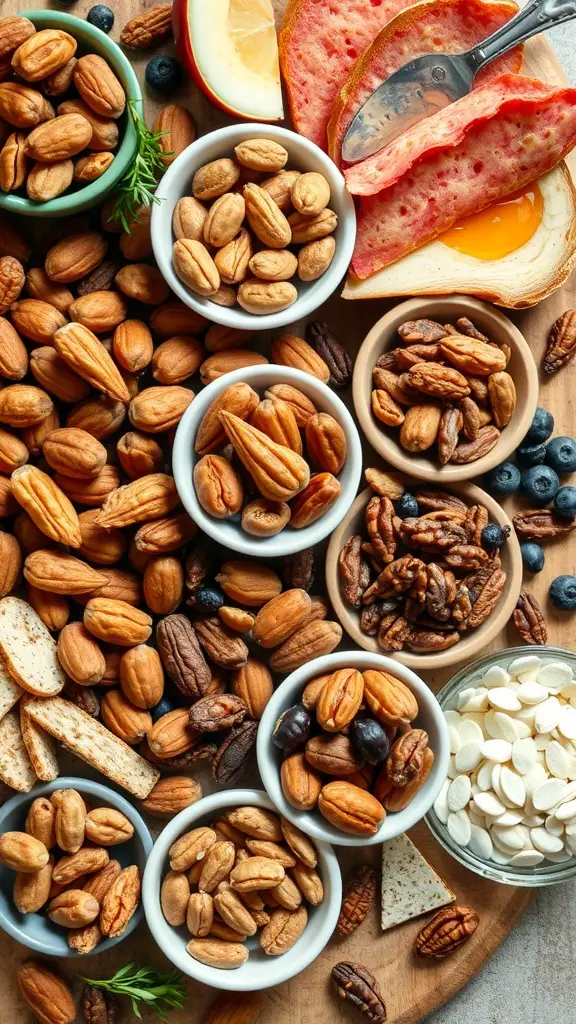 A variety of nuts and seeds arranged in bowls on a charcuterie board