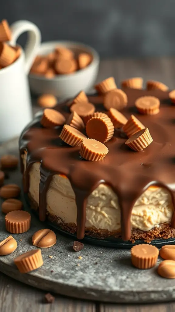 A delicious Peanut Butter Cup No Bake Cheesecake topped with chocolate ganache and mini peanut butter cups.