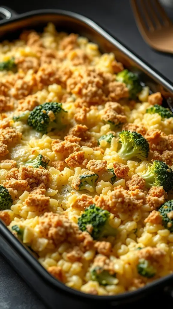 A delicious Cheesy Broccoli and Rice Casserole topped with breadcrumbs, showcasing broccoli and pasta.
