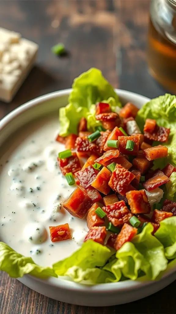 A bowl of creamy blue cheese dressing with lettuce and diced toppings