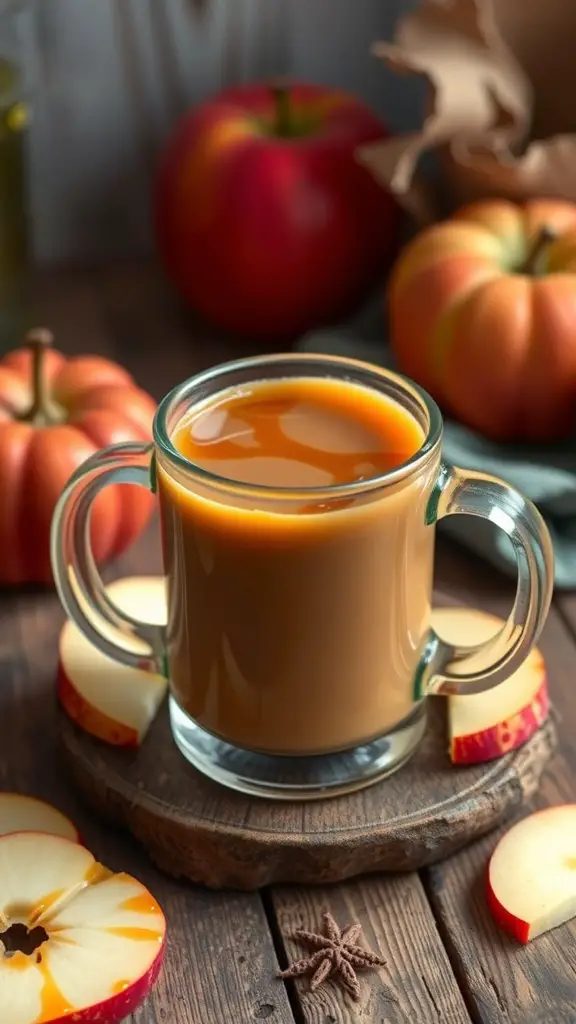 A glass mug filled with caramel apple cider coffee, surrounded by apple slices and pumpkins.