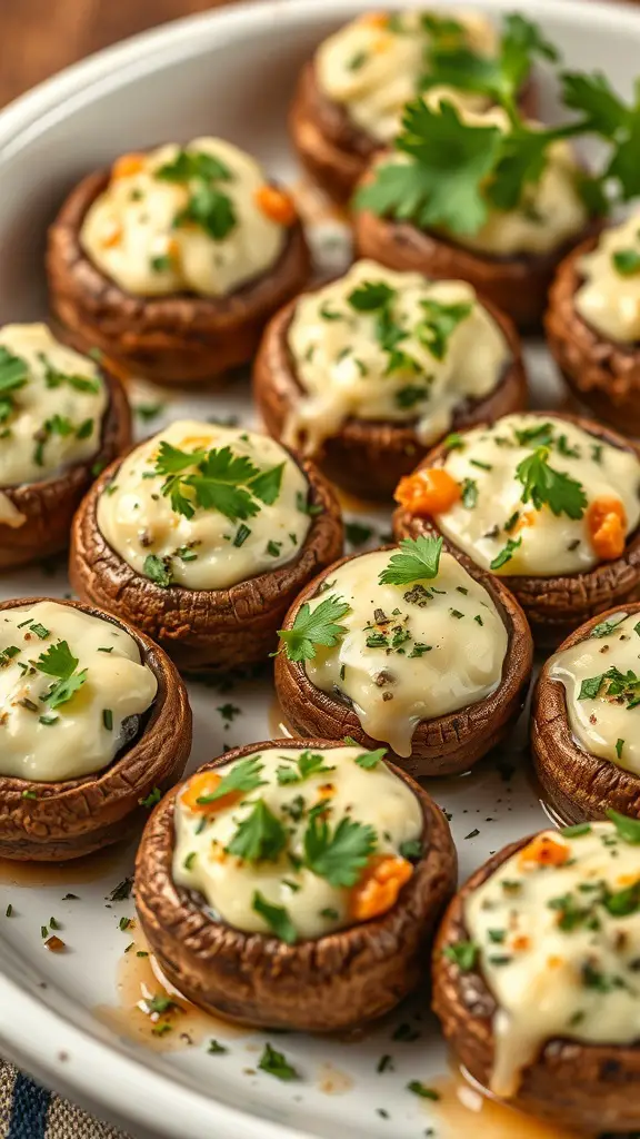 A plate of stuffed mushrooms topped with creamy filling and herbs.