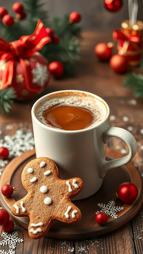 A warm cup of coffee with froth and a gingerbread cookie on a wooden plate, surrounded by festive decorations.