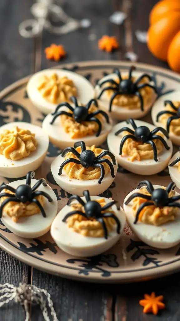 A plate of spooky spider deviled eggs decorated with plastic spiders