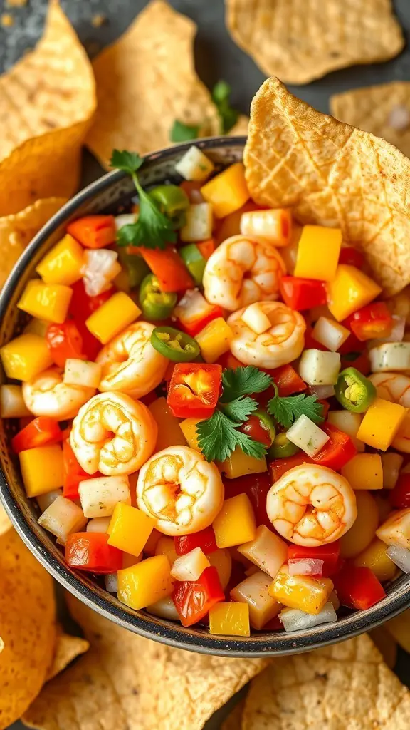 A bowl of shrimp and mango salsa with colorful vegetables and tortilla chips