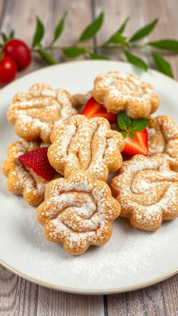 A plate of sweet fried fritters, dusted with powdered sugar, garnished with strawberries and mint leaves.