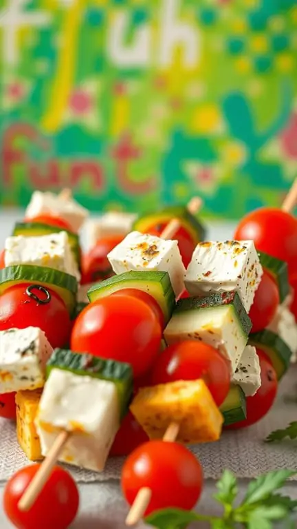 A close-up of cucumber and feta skewers with cherry tomatoes, arranged on a table.