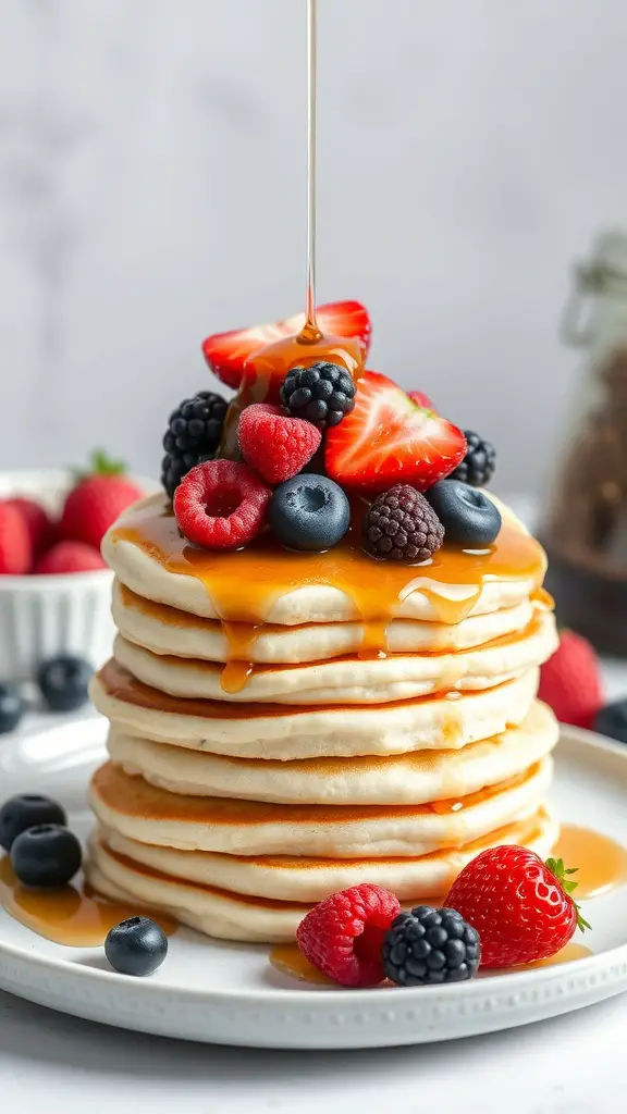 A stack of coconut flour pancakes topped with fresh berries and syrup.