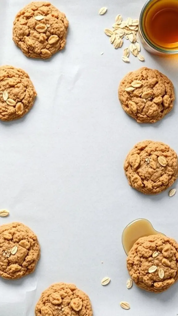 Maple oatmeal cookies on a baking sheet with oats and maple syrup