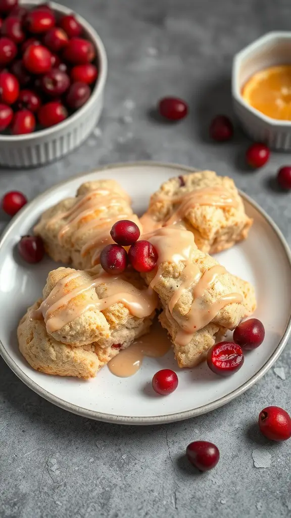 Cranberry orange scones on a plate with fresh cranberries and orange glaze