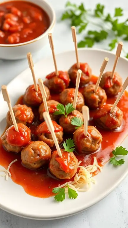 A plate of mini meatball bites with toothpicks and sauce