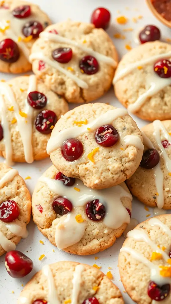 A close-up of cranberry orange cookies drizzled with glaze and topped with cranberries and orange zest.