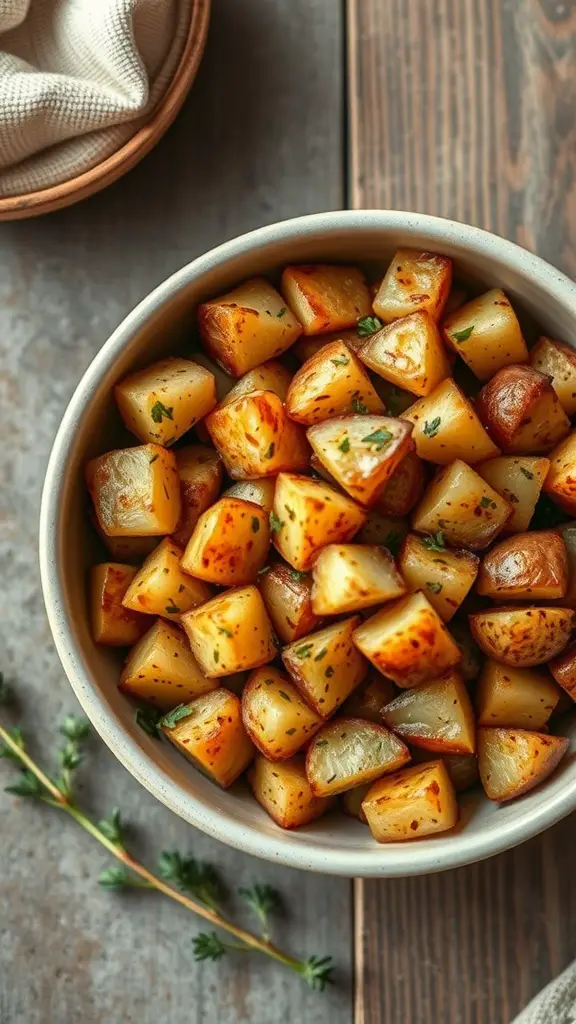A bowl of crispy air fryer breakfast potatoes, garnished with herbs.