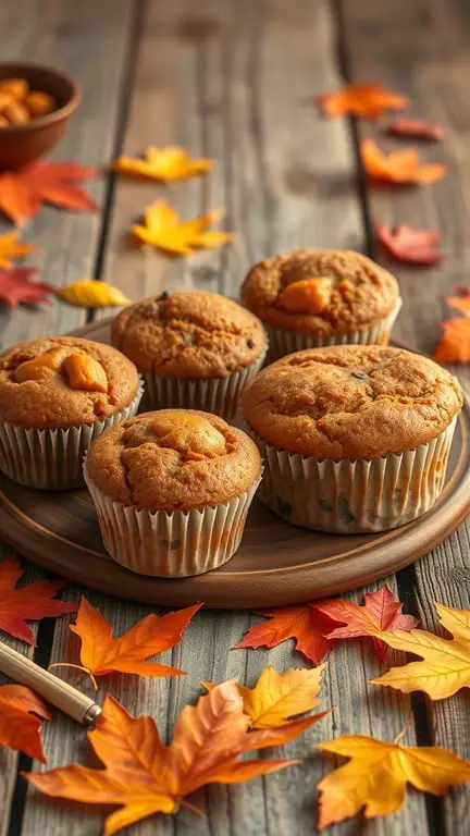 A plate of pumpkin spice muffins surrounded by autumn leaves on a wooden table.