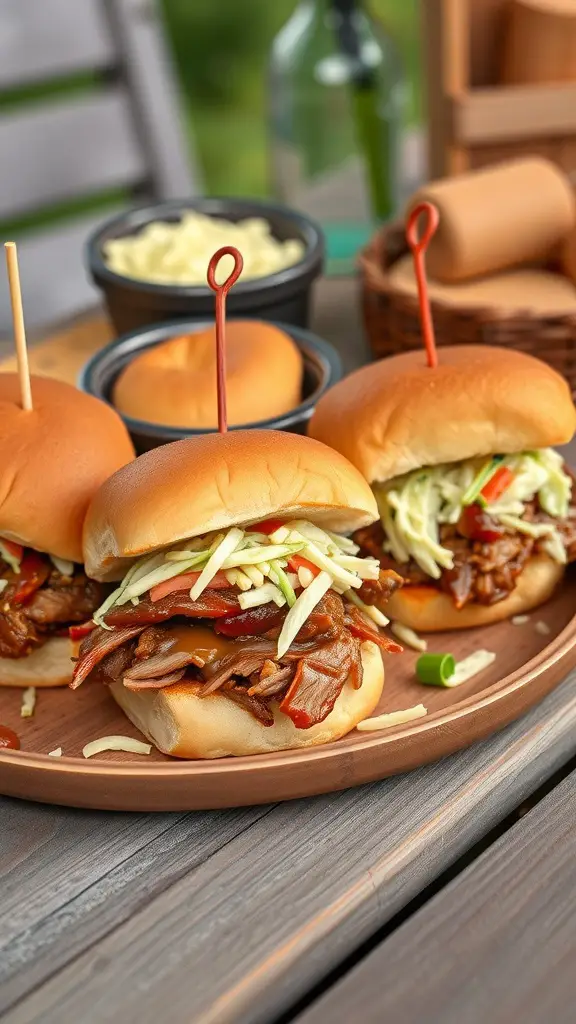 A plate of BBQ pulled pork sliders topped with slaw, served with sides.